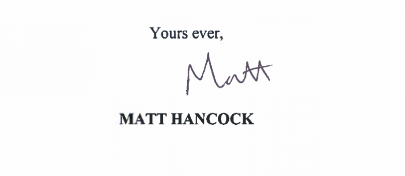 reply from Matt Hancock Secretary of State for Health to Open Letter